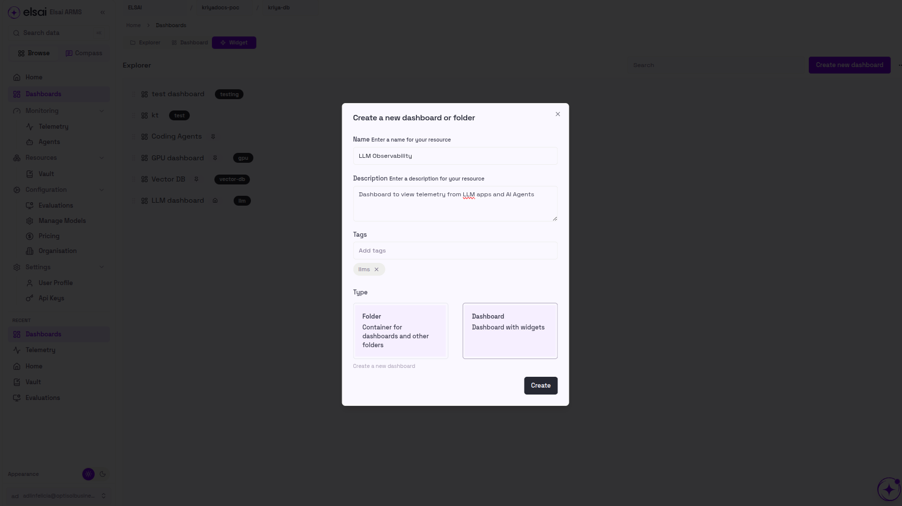 Create a new dashboard or folder form