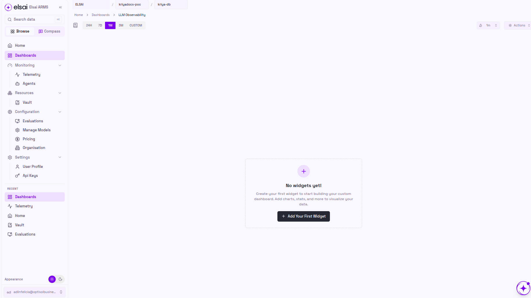 Empty dashboard canvas with a Create Your First Widget button