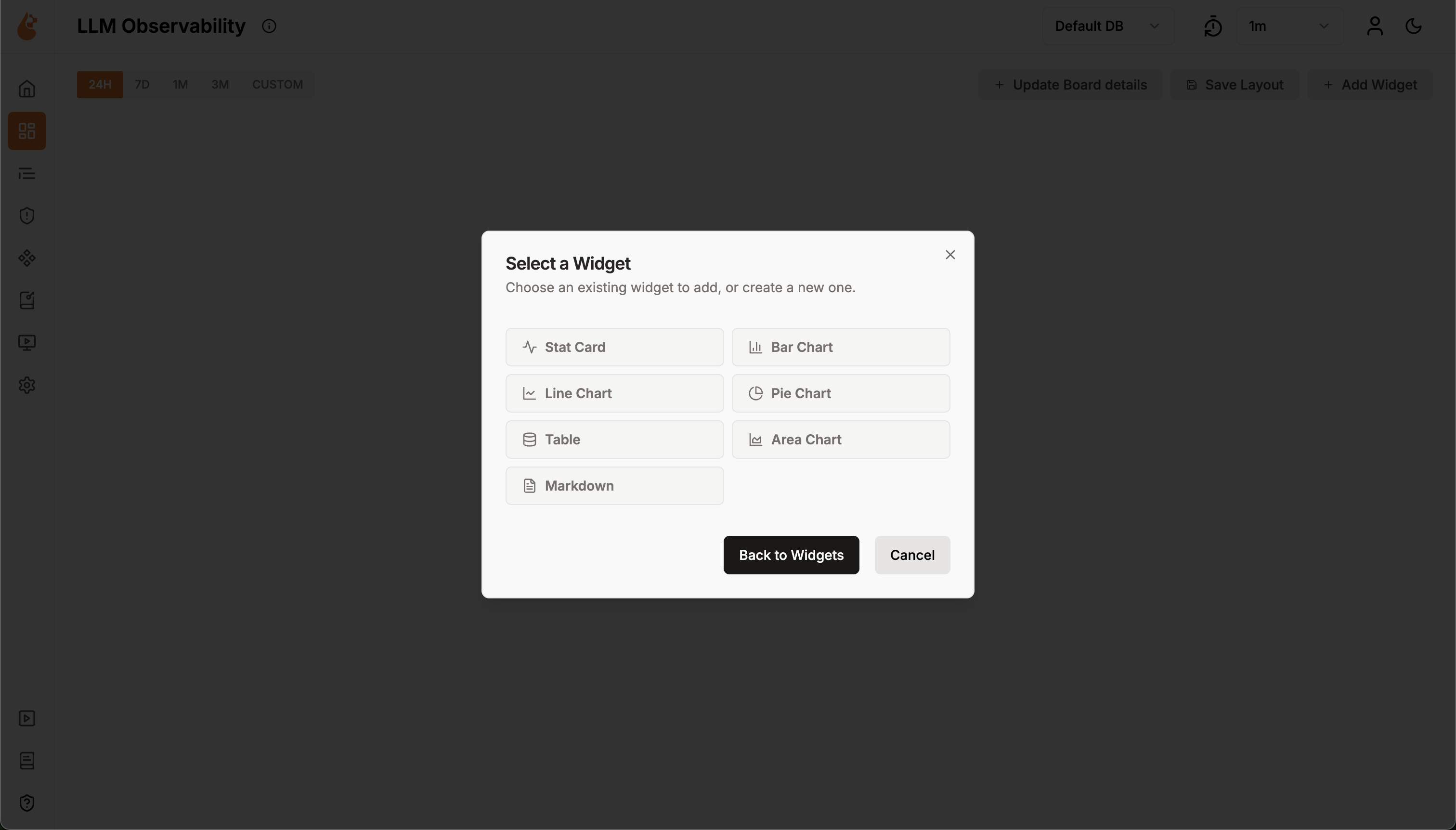 Create New Widget option in the Select a Widget popup
