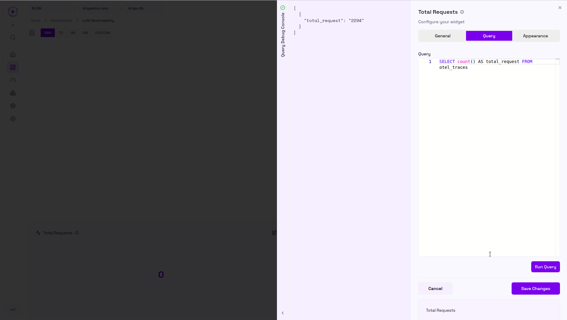 Widget configuration panel Query tab with a SQL editor