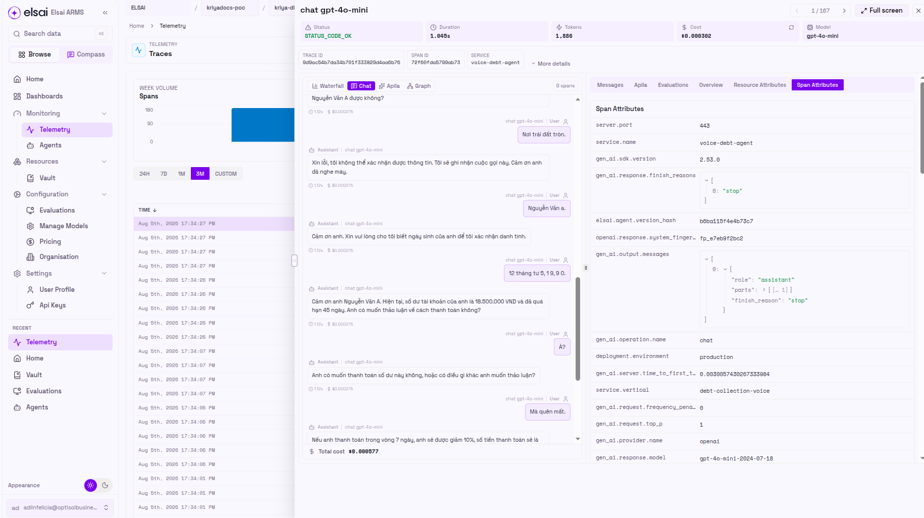 Agent chat and span attributes for a LangGraph workflow in ARMS Telemetry