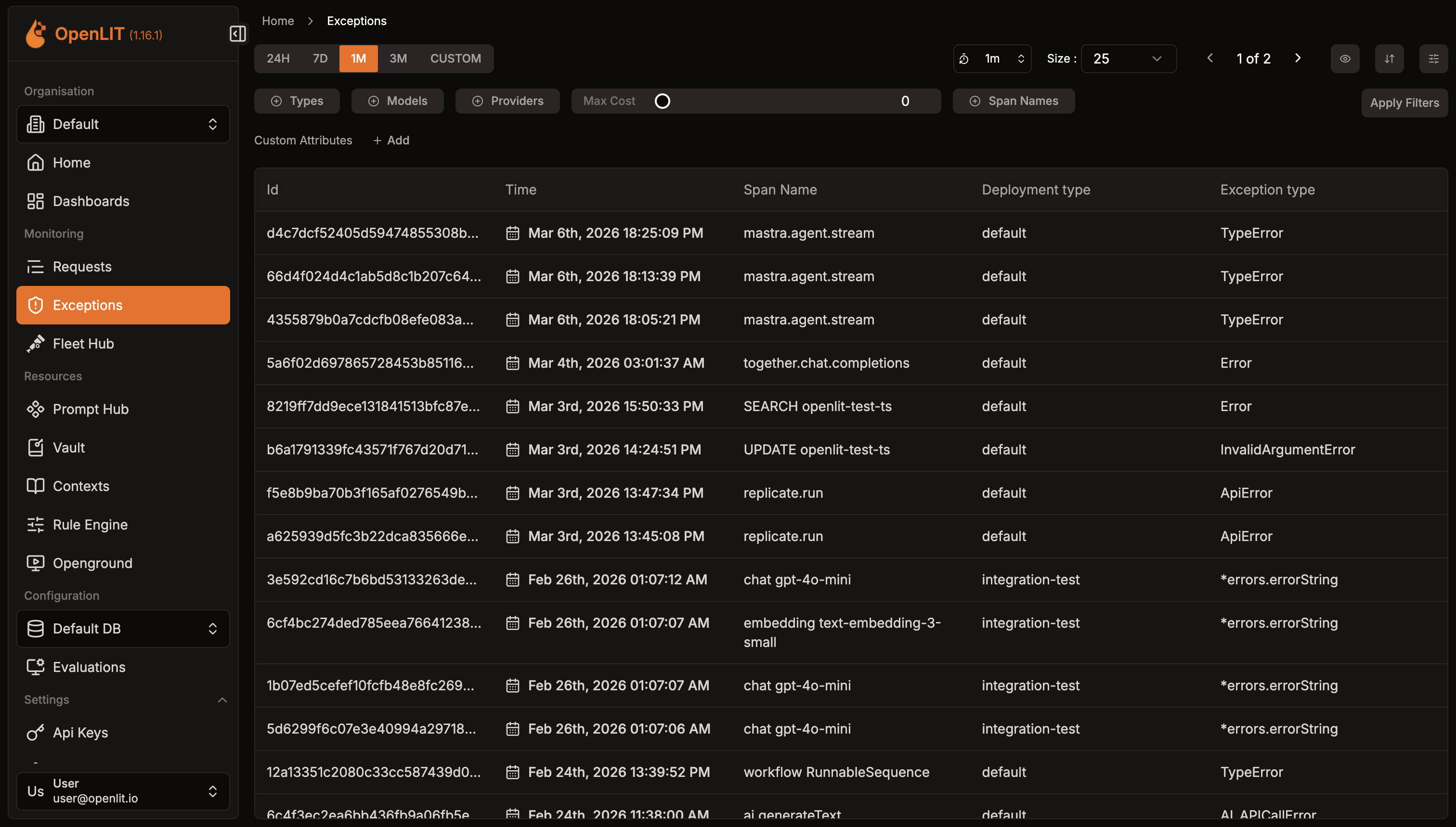 Exceptions page listing traces with errors