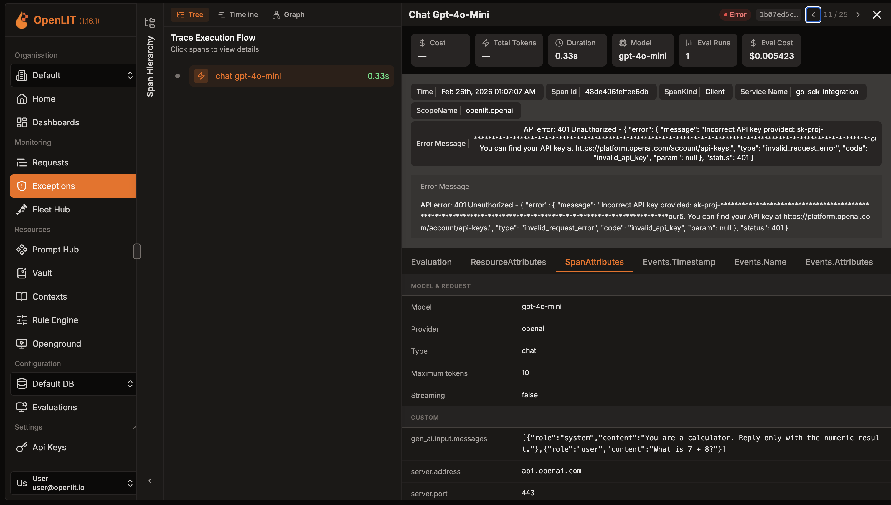 Trace detail view with exception information and stack trace