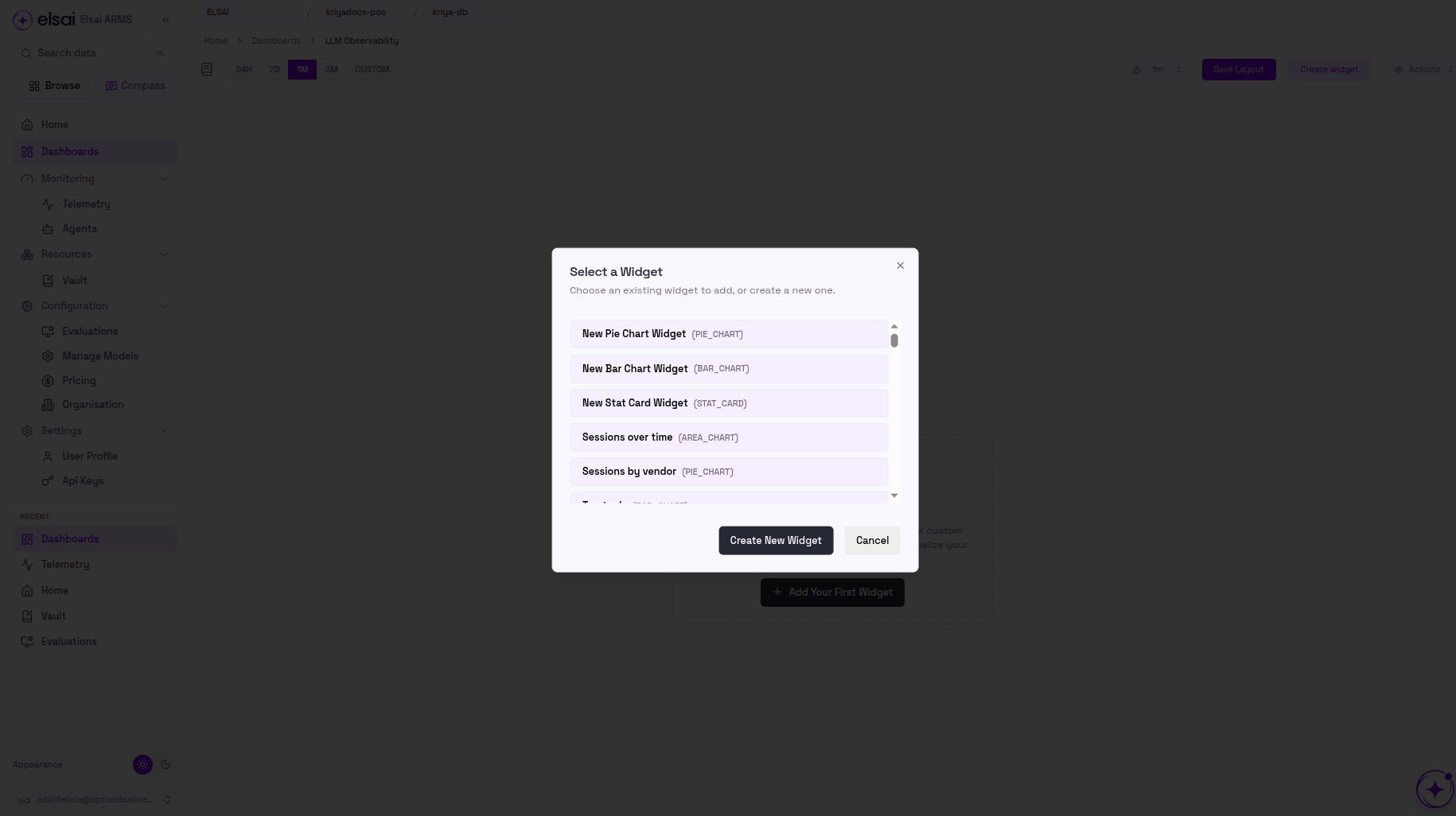 Select a Widget popup showing existing pre-built widgets